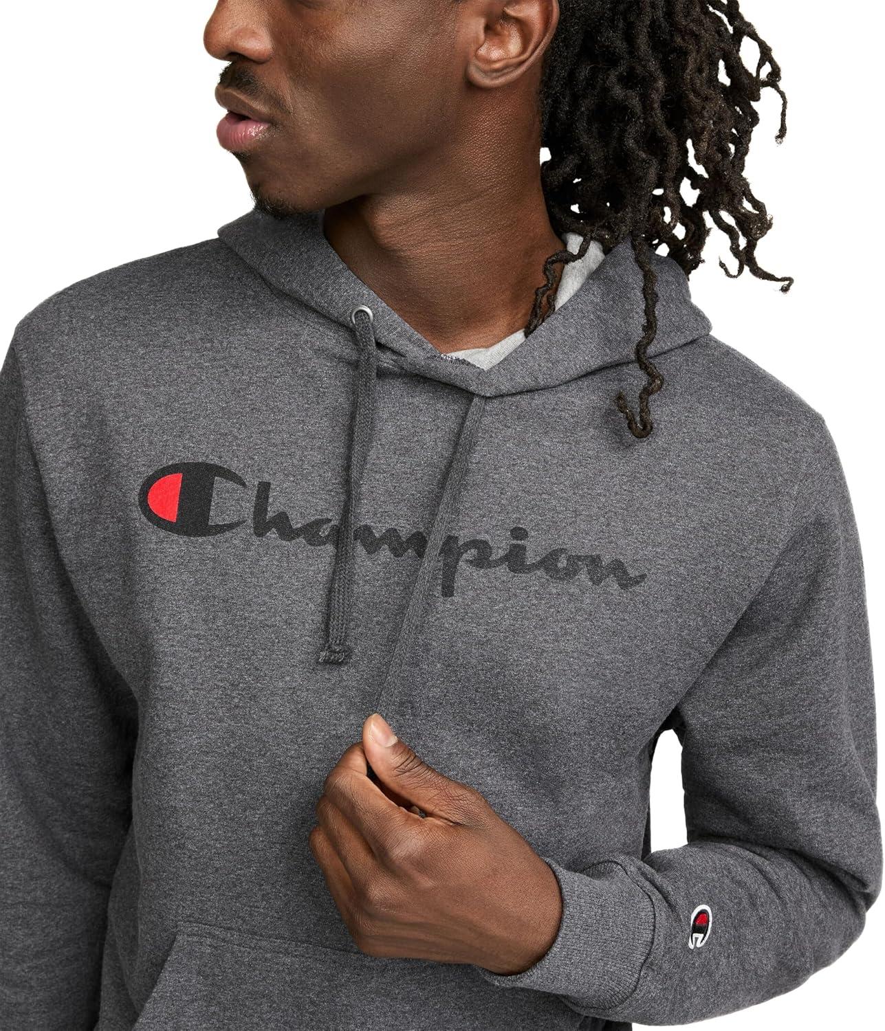 imageChampion Mens Fleece Script Logo Hoodie Reg Or Big ampamp TallGranite Heather Classic Script Logo