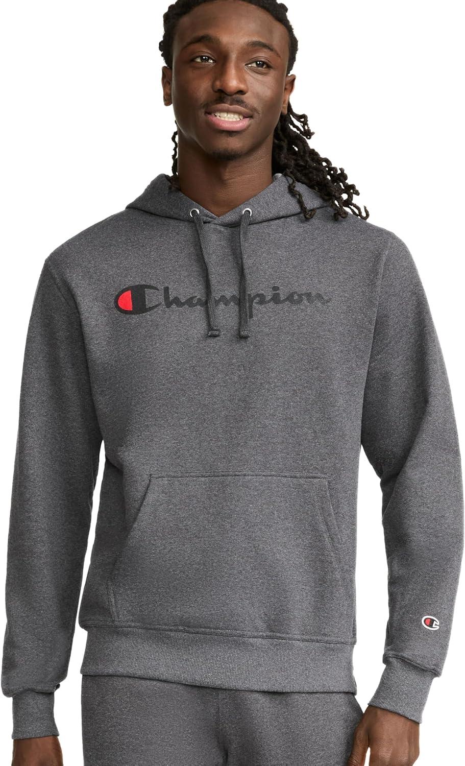 imageChampion Mens Fleece Script Logo Hoodie Reg Or Big ampamp TallGranite Heather Classic Script Logo