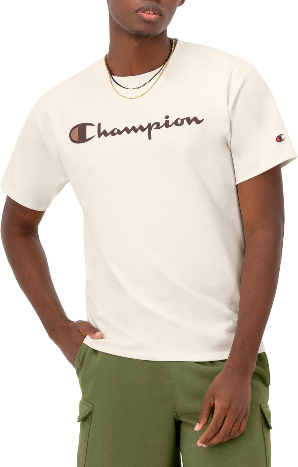 imageChampion Mens Heritage Short Sleeve Tee Mens TShirts Vintage Shirts Mens Tee Shirts GraphicsNatural Classic Script Logo