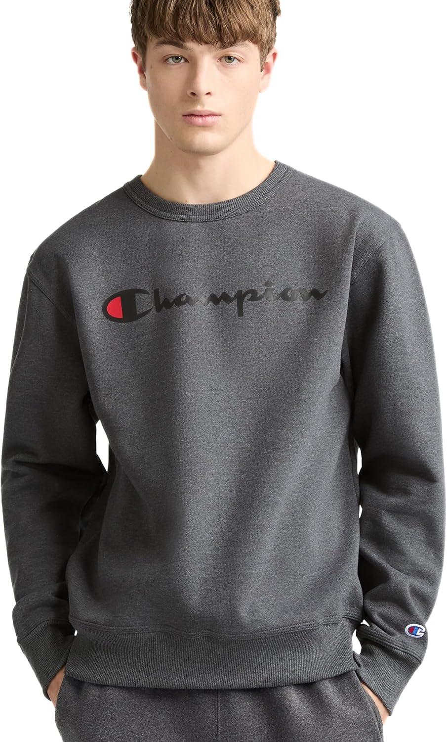 imageChampion Mens Sweatshirt Fleece Midweight Crewneck Sweatshirt Reg Or Big ampamp TallGranite Heather Classic Script Logo