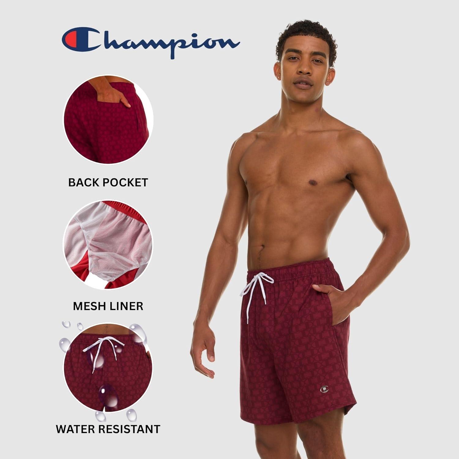 imageChampion Mens Swim Trunks with Mesh Liner 7quot Inseam Quick Drying Mens Bathing Suit Board Shorts for Swimming and BeachBurgundyLogo