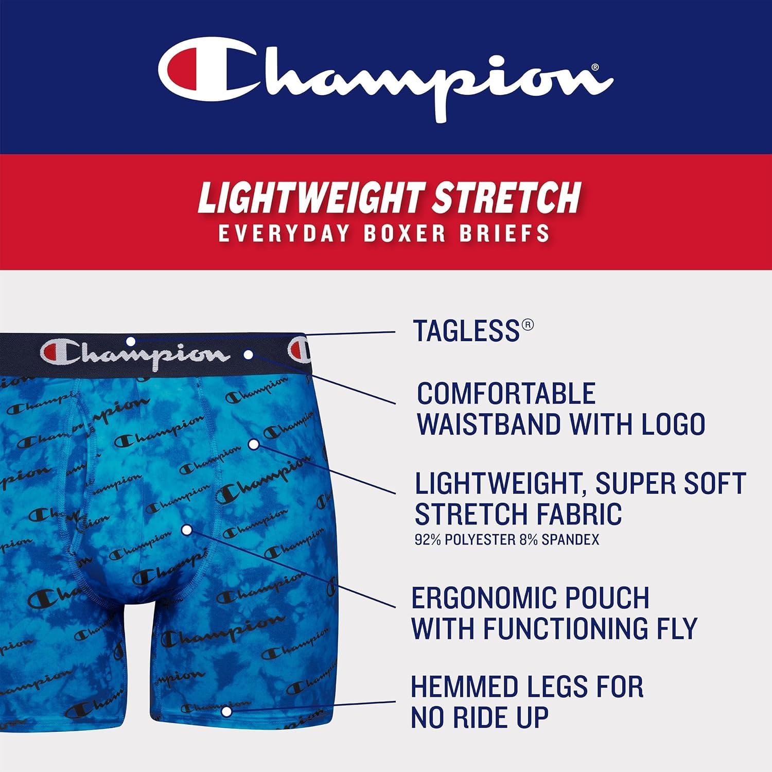 imageChampion mens Everyday Active Lightweight Stretch Variety Boxer Briefs 3 PackBlue Print With Champion LogoNavySilverstone 3 Pack