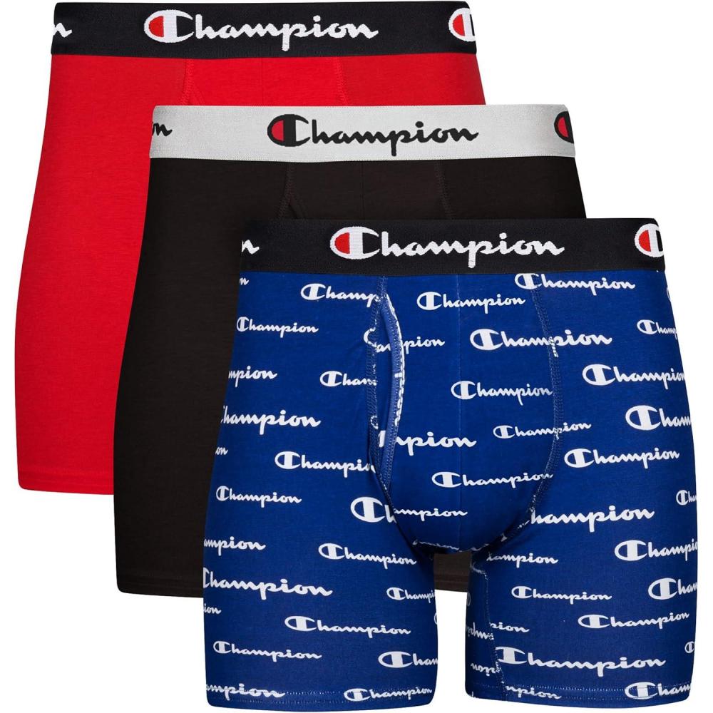 imageChampion Mens Everyday Cotton Stretch 3 PackBlue White Script LogoBlackRed  3 Pack