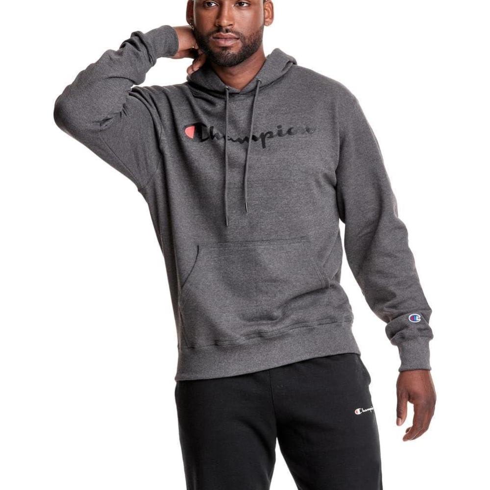 imageChampion Mens Fleece Script Logo Hoodie Reg Or Big ampamp TallGranite Heather Classic Script Logo