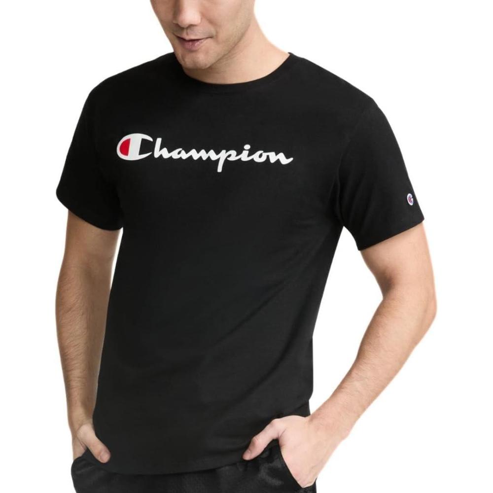 imageChampion Mens Heritage Short Sleeve Tee Mens TShirts Vintage Shirts Mens Tee Shirts GraphicsBlack Classic Script Logo