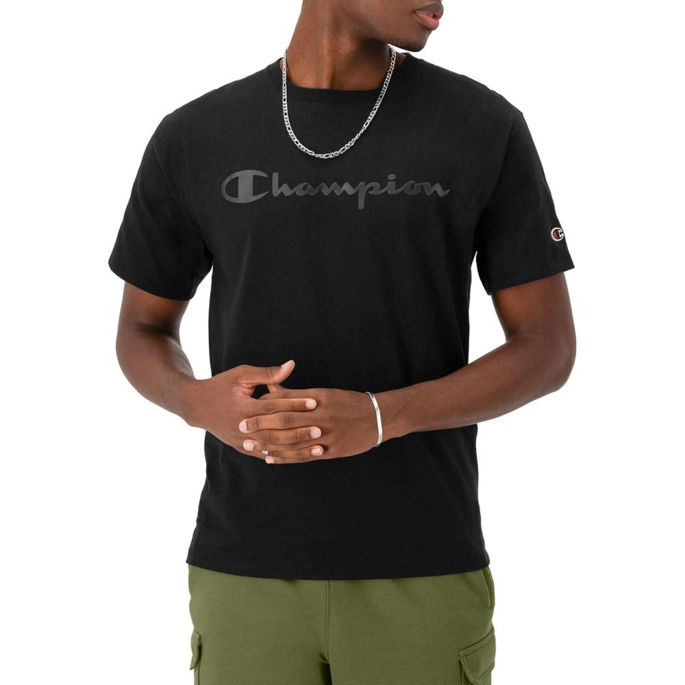 imageChampion Mens Heritage Short Sleeve Tee Mens TShirts Vintage Shirts Mens Tee Shirts GraphicsBlack Tonal Script Logo