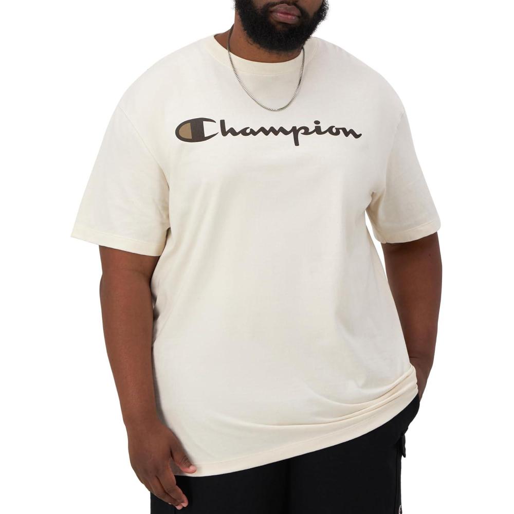 imageChampion Mens Heritage Short Sleeve Tee Mens TShirts Vintage Shirts Mens Tee Shirts GraphicsNatural Classic Script Logo