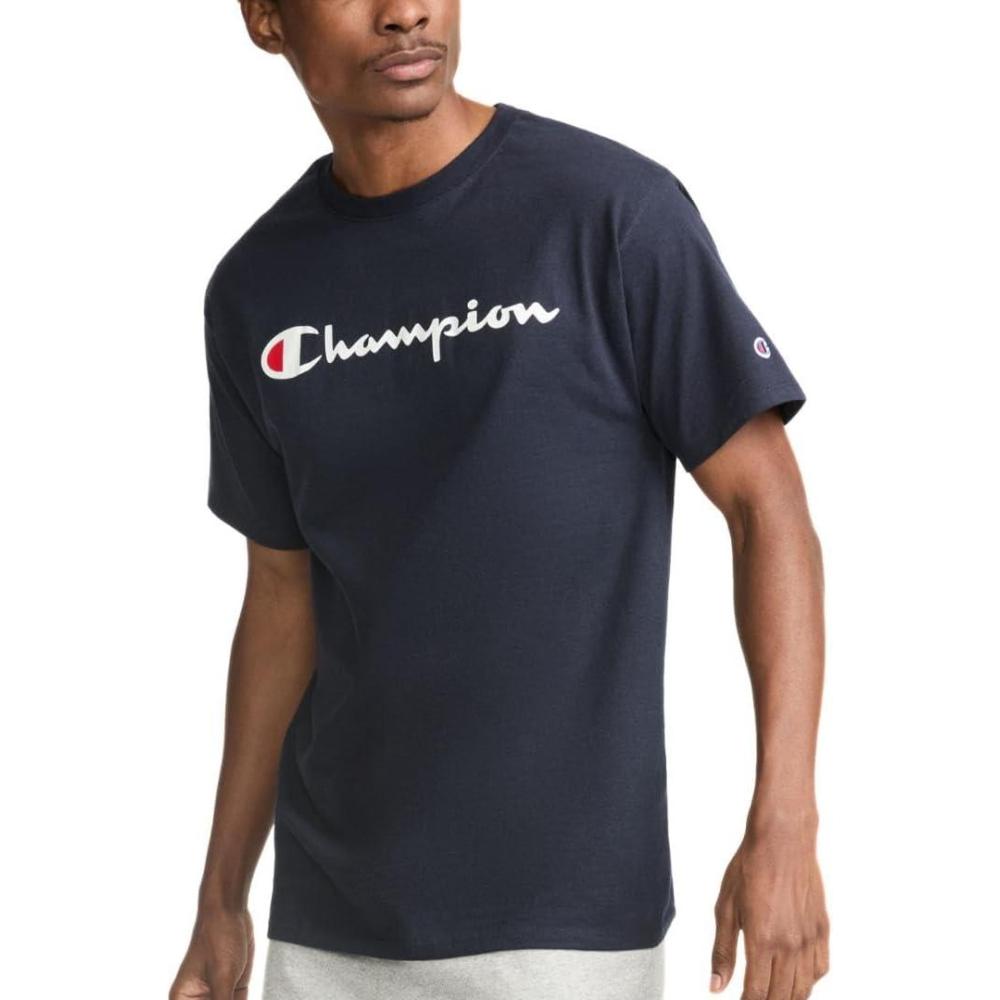imageChampion Mens Heritage Short Sleeve Tee Mens TShirts Vintage Shirts Mens Tee Shirts GraphicsNavy Classic Script Logo