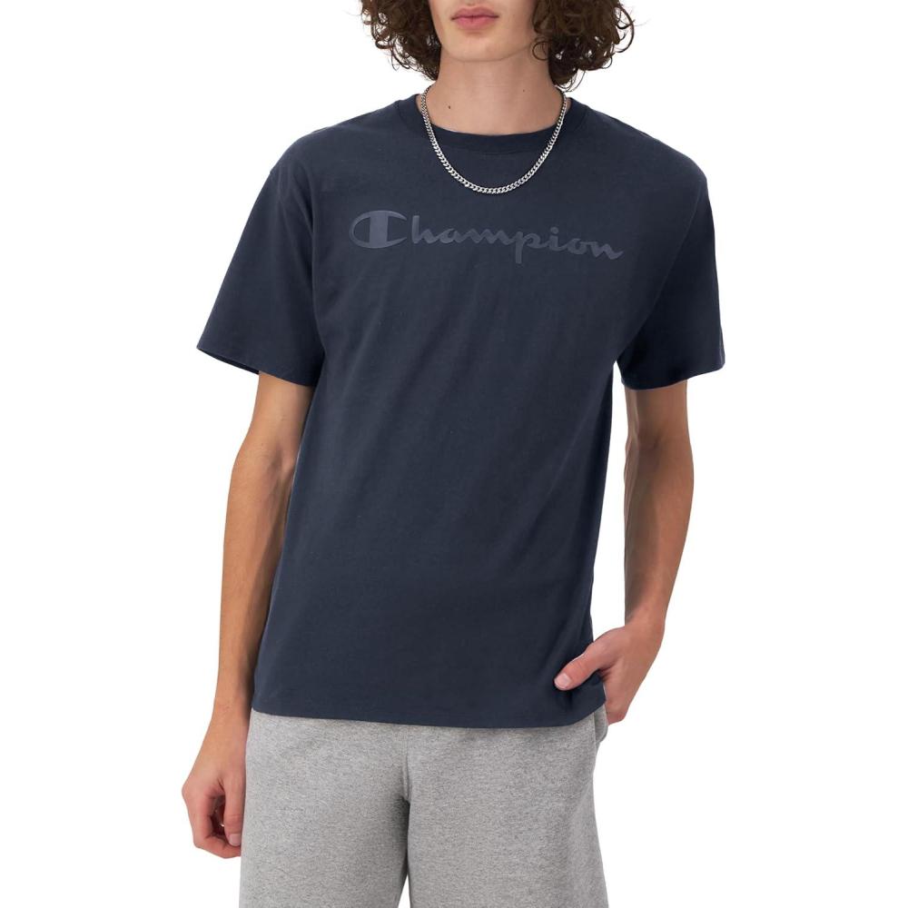 imageChampion Mens Heritage Short Sleeve Tee Mens TShirts Vintage Shirts Mens Tee Shirts GraphicsNavy  Tonal Script Logo