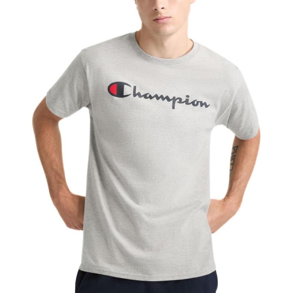 imageChampion Mens Heritage Short Sleeve Tee Mens TShirts Vintage Shirts Mens Tee Shirts GraphicsOxford Gray Classic Script Logo