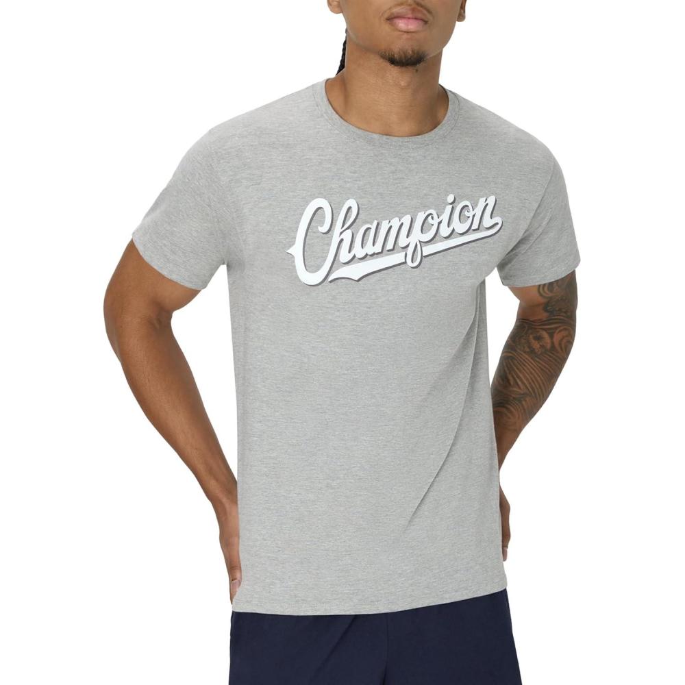 imageChampion Mens Heritage Short Sleeve Tee Mens TShirts Vintage Shirts Mens Tee Shirts GraphicsOxford Gray Script Logo