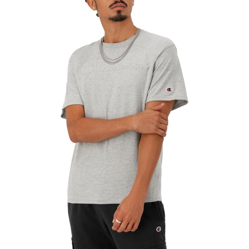 imageChampion Mens Heritage Short Sleeve Tee Mens TShirts Vintage Shirts Mens Tee Shirts GraphicsOxford Gray Tonal Script Logo