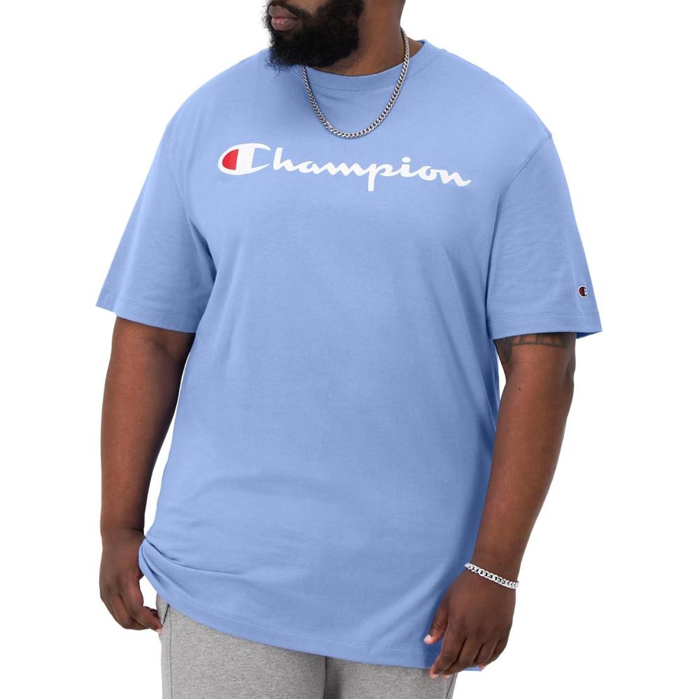 imageChampion Mens Heritage Short Sleeve Tee Mens TShirts Vintage Shirts Mens Tee Shirts GraphicsPlaster Blue Classic Script Logo
