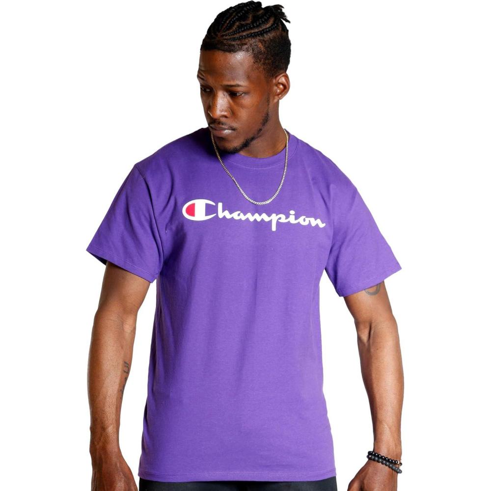 imageChampion Mens Heritage Short Sleeve Tee Mens TShirts Vintage Shirts Mens Tee Shirts GraphicsPurple Pr Classic Script Logo