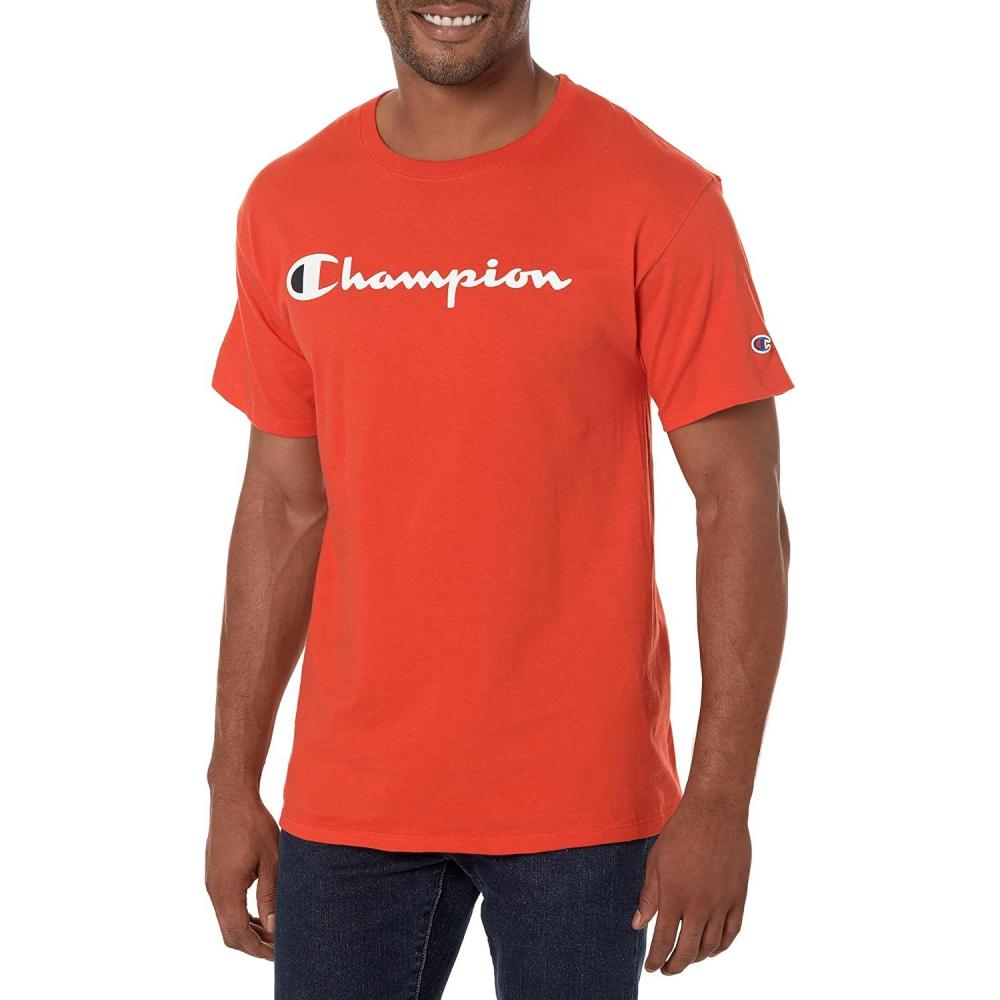 imageChampion Mens Heritage Short Sleeve Tee Mens TShirts Vintage Shirts Mens Tee Shirts GraphicsSpicy Orange Classic Script Logo