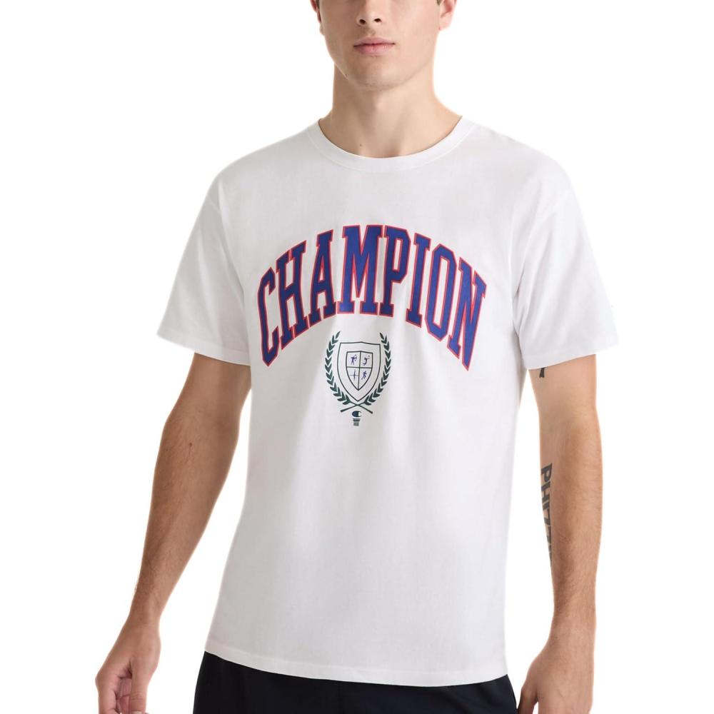 imageChampion Mens Heritage Short Sleeve Tee Mens TShirts Vintage Shirts Mens Tee Shirts GraphicsWhite Block Arch Seal