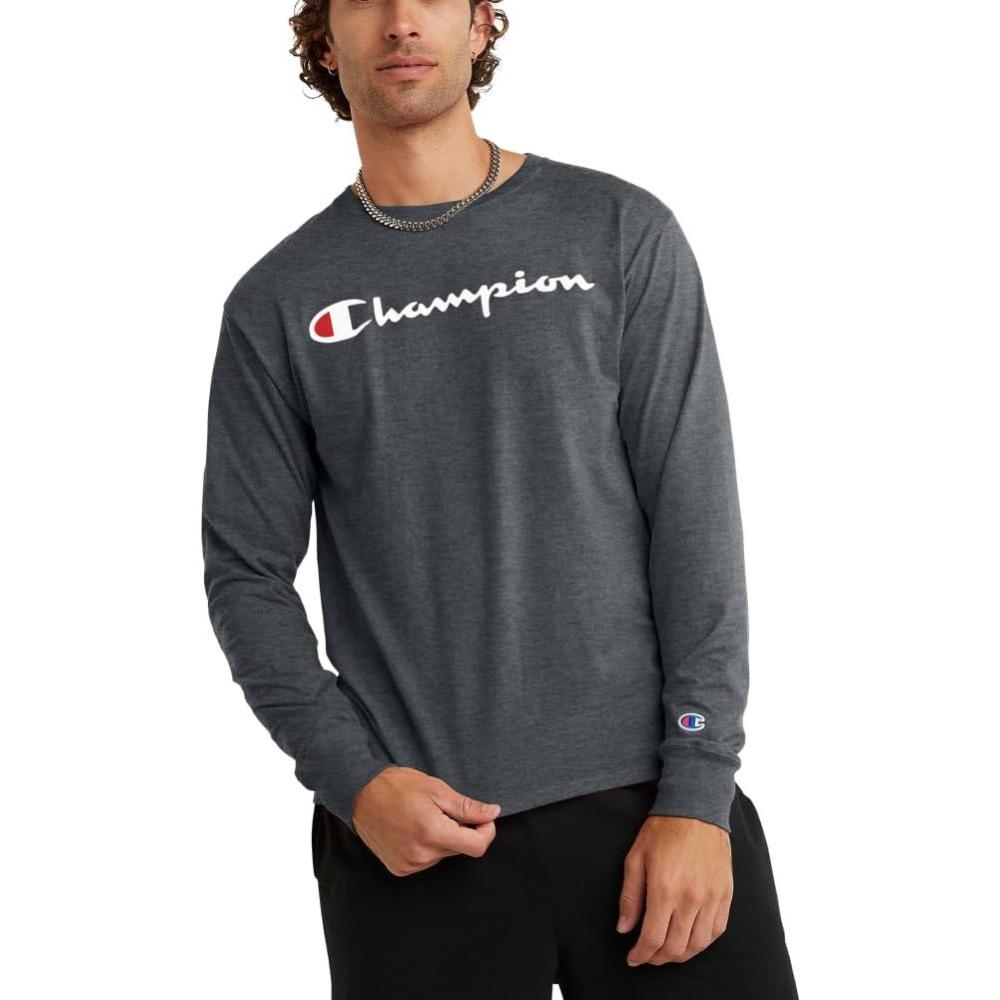imageChampion Mens Long Sleeve Tshirt Classic Tshirt for Men Reg Or Big ampamp TallGranite Heather  Classic Script Logo