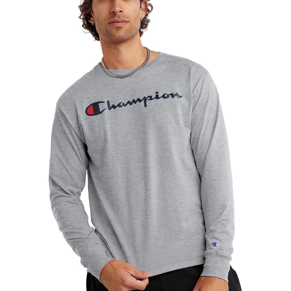 imageChampion Mens Long Sleeve Tshirt Classic Tshirt for Men Reg Or Big ampamp TallOxford Gray  Classic Script Logo