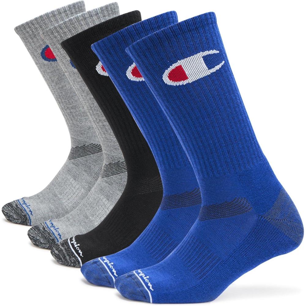 imageChampion Mens Moisturewicking Athletic Crew Socks with Cushioning ampamp Arch SupportBlue Assorted Cuff Logo