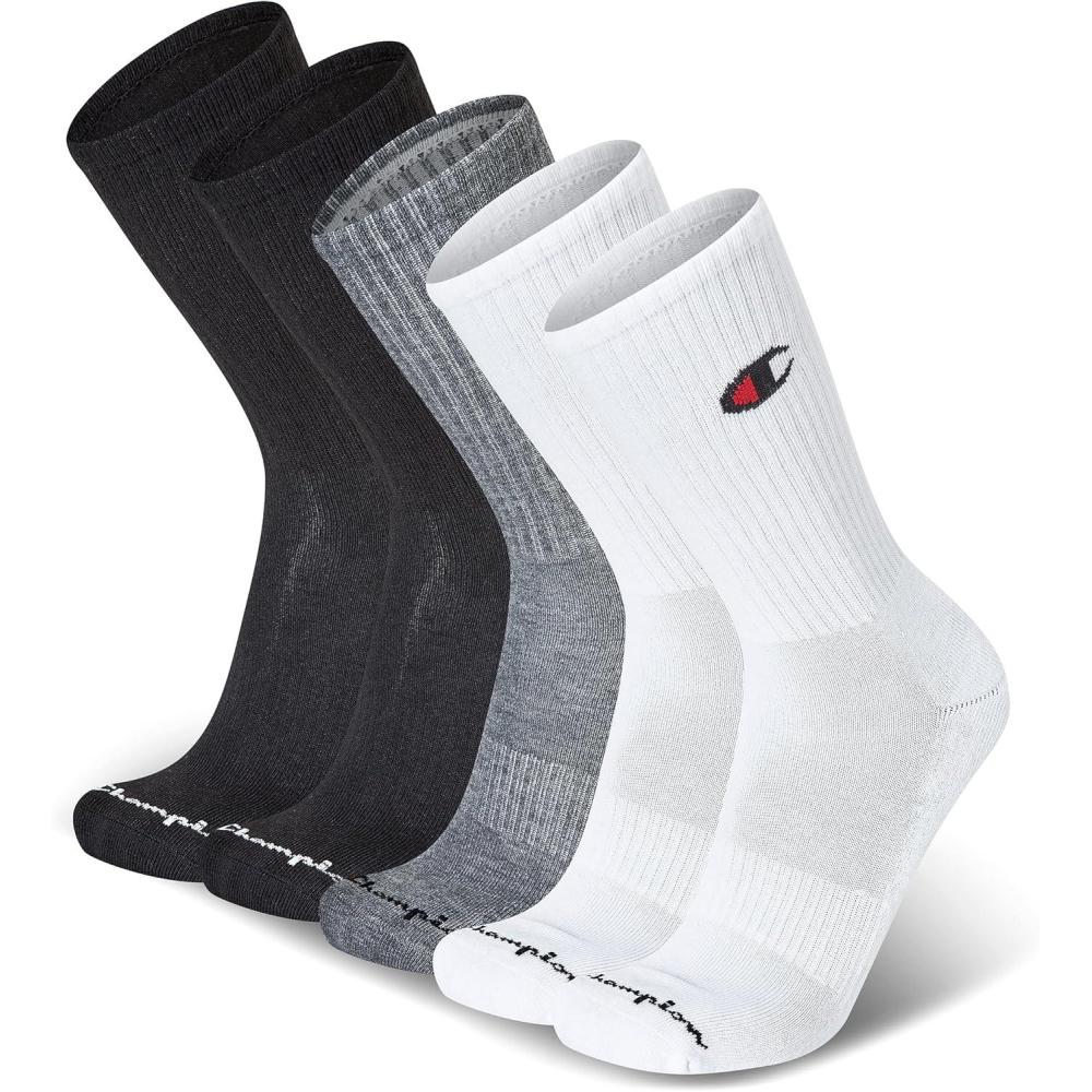 imageChampion Mens Moisturewicking Athletic Crew Socks with Cushioning ampamp Arch SupportMulti White  Grey  Black