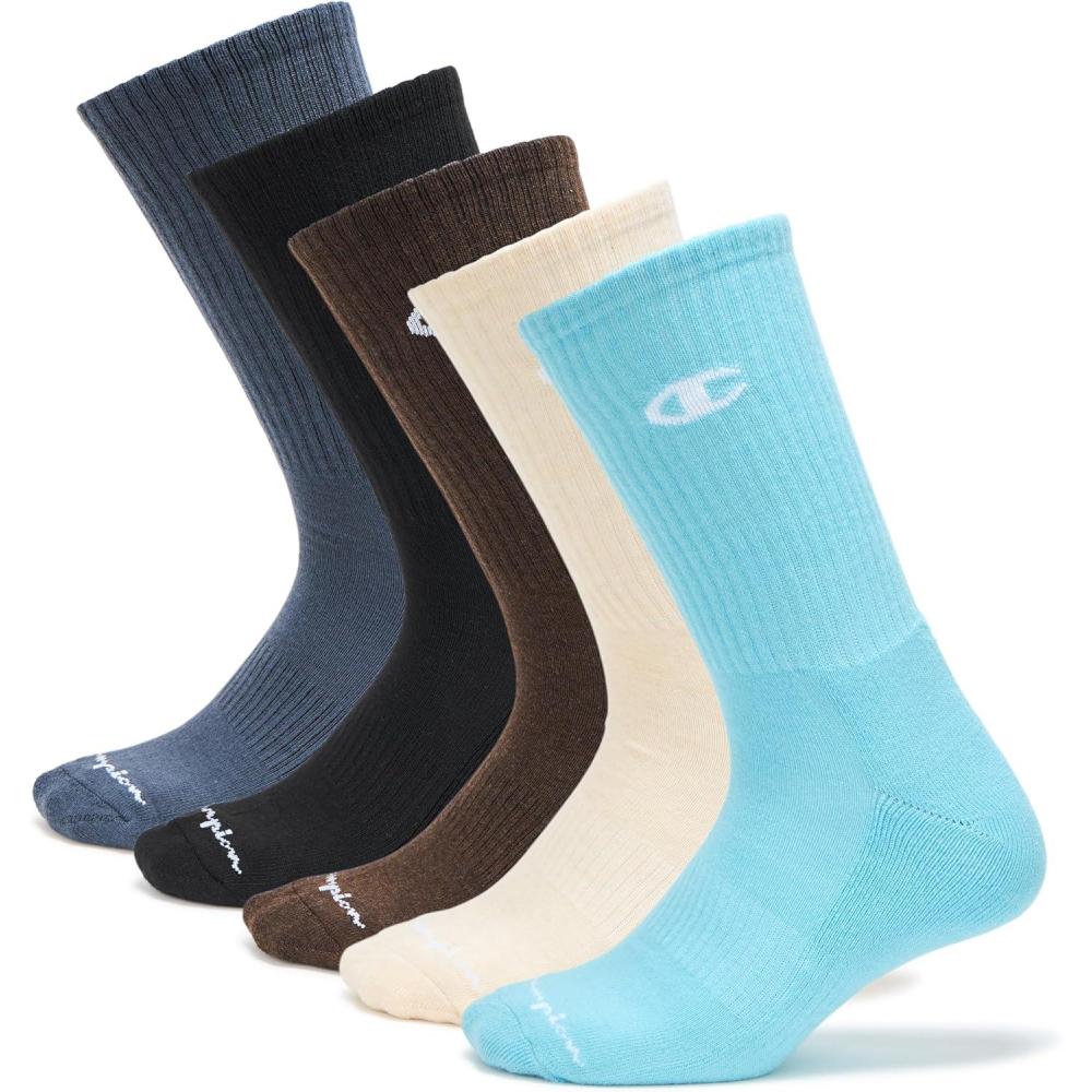 imageChampion Mens Moisturewicking Athletic Crew Socks with Cushioning ampamp Arch SupportTanBlueBlack Multi