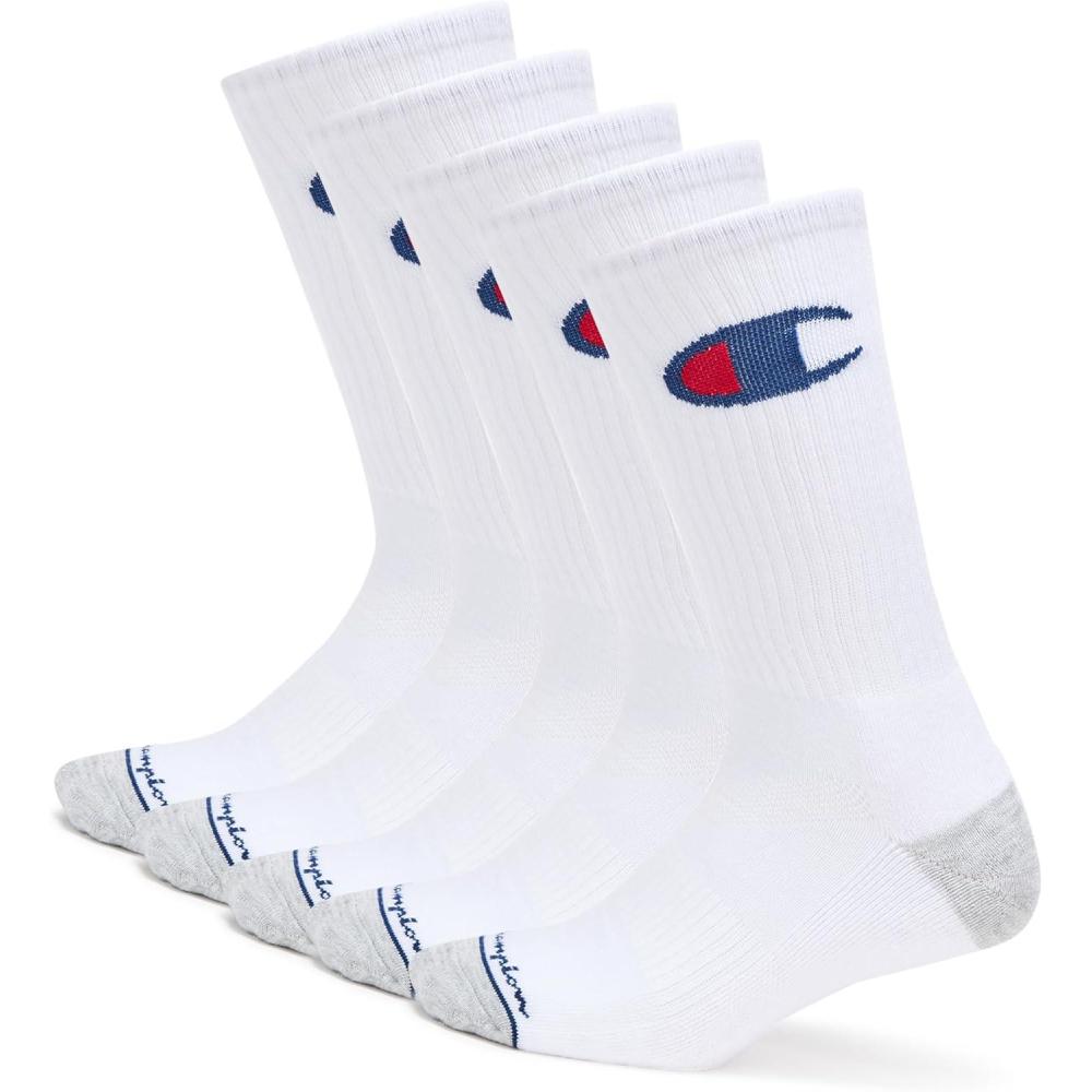 imageChampion Mens Moisturewicking Athletic Crew Socks with Cushioning ampamp Arch SupportWhite Cuff Logo