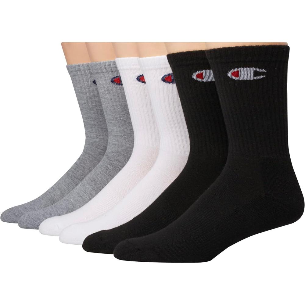 imageChampion Mens Moisturewicking Athletic Crew Socks with Cushioning ampamp Arch SupportWhiteGreyBlack  6 Pack
