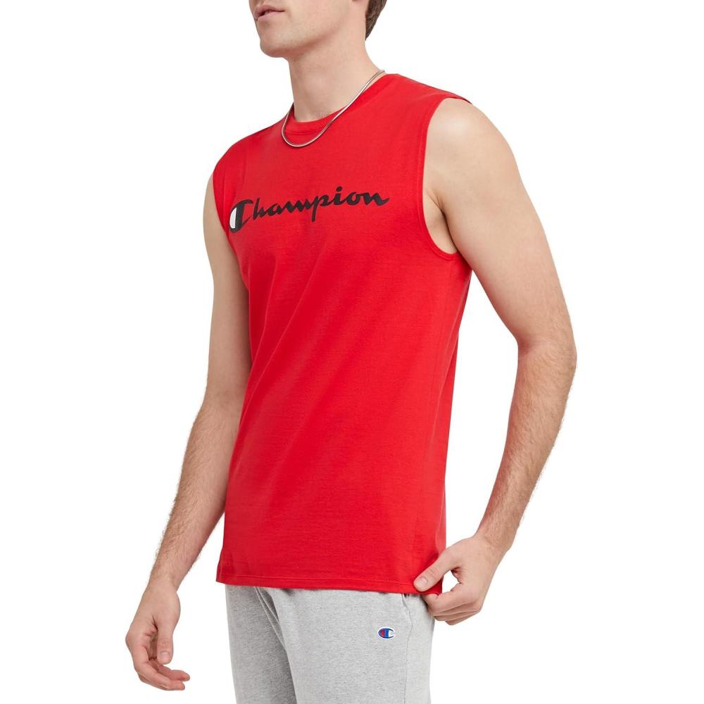 imageChampion Mens Muscle Tank Classic Graphic Muscle Tee Sleeveless Tshirt for Men Reg Or Big ampamp TallScarlet  Classic Script Logo