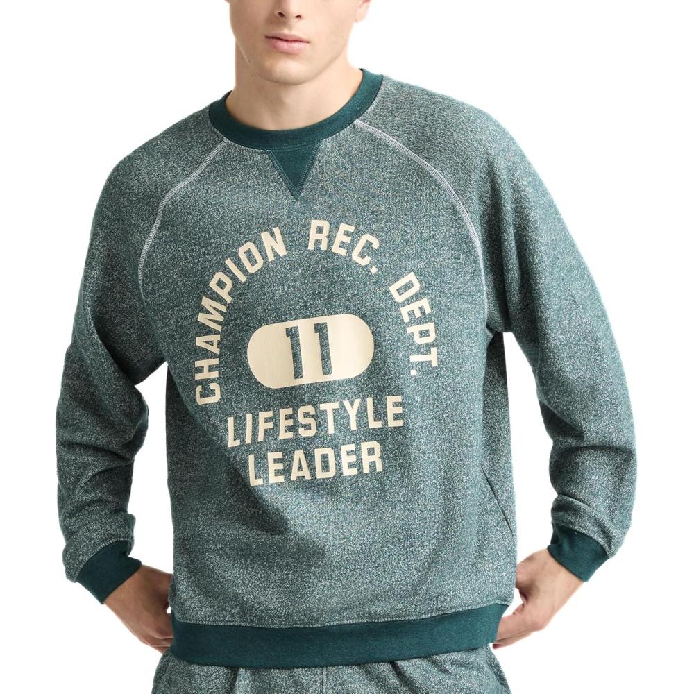 imageChampion Mens Yearbook Raglan Crewneck Sweatshirt CrestEmerald Allure Heather