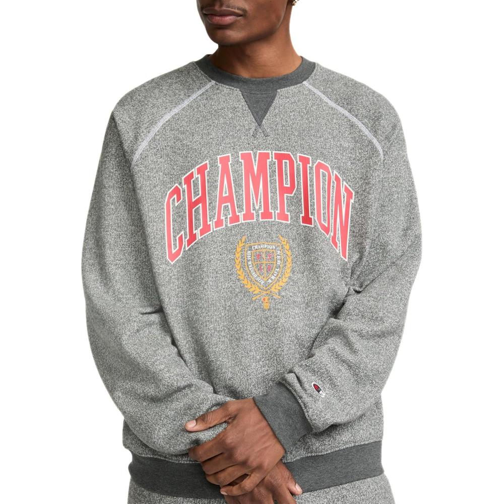 imageChampion Mens Yearbook Raglan Crewneck Sweatshirt CrestNine Iron Heather