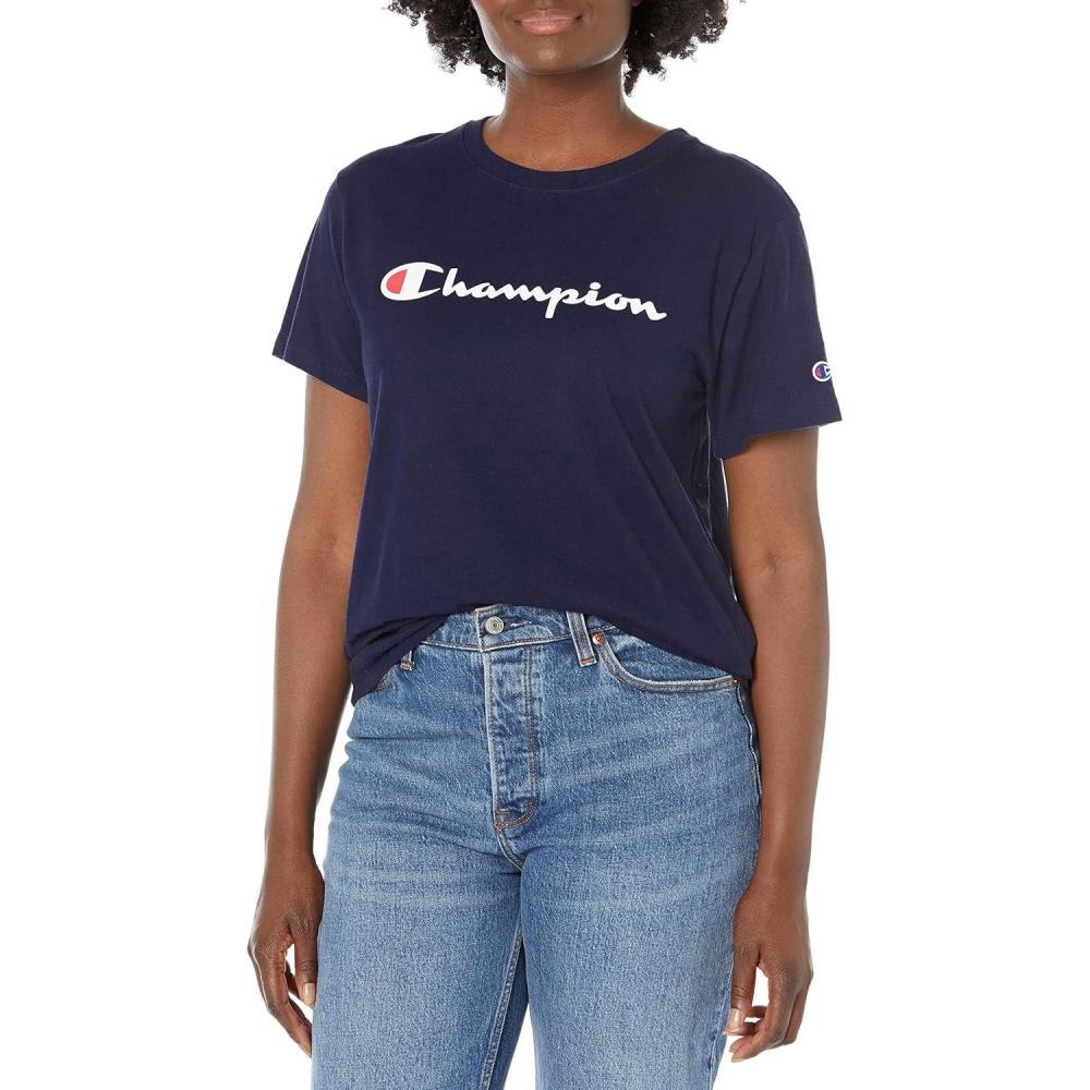 imageChampion Womens Classic Short Sleeve Graphic TShirt Standard Fit Script LogoAthletic Navy Classic Script Logo