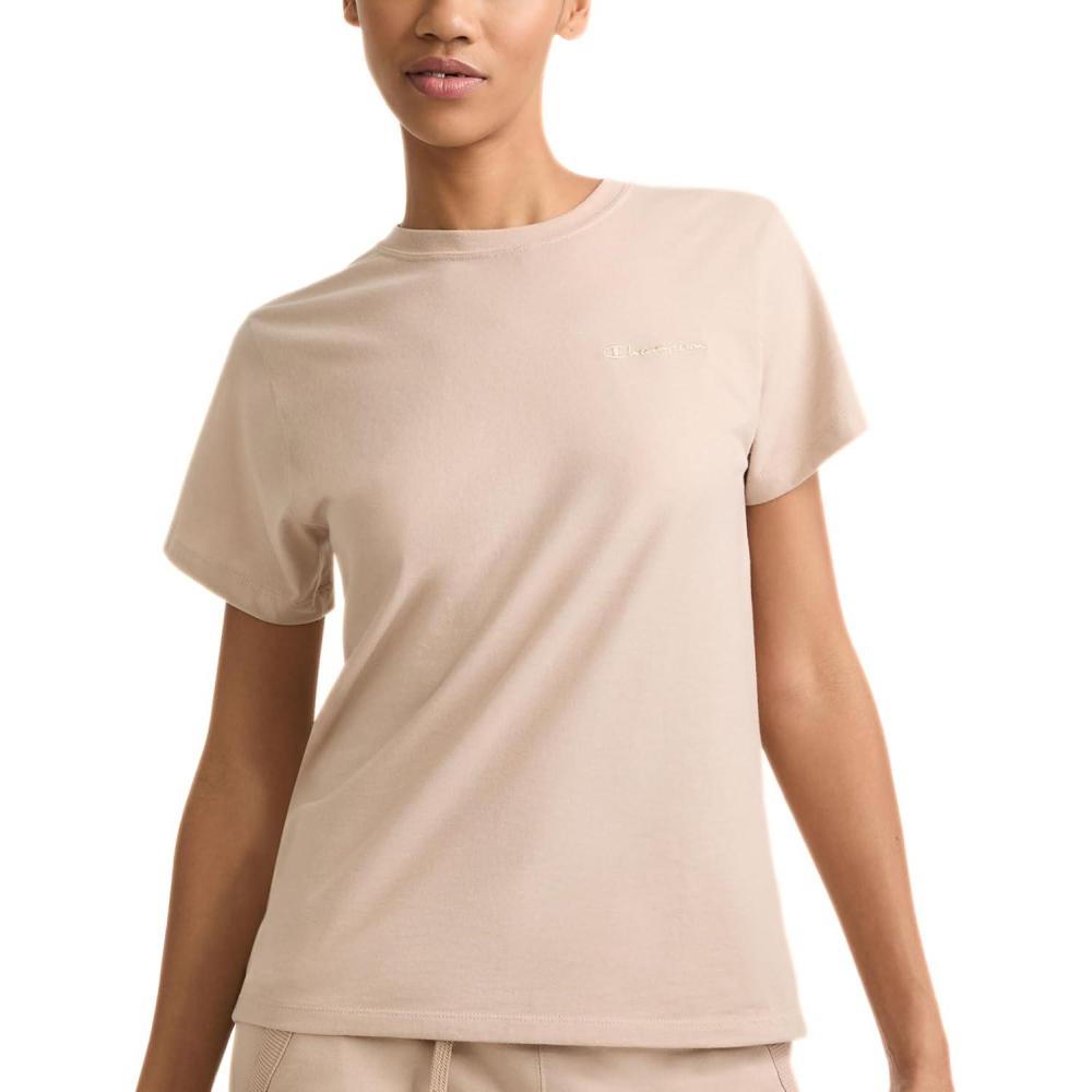 imageChampion Womens Classic Short Sleeve Graphic TShirt Standard Fit Script LogoChampagne Frost  Small Tonal Script Logo