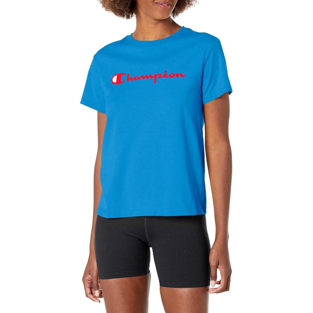 imageChampion Womens Classic Short Sleeve Graphic TShirt Standard Fit Script LogoDeep Blue Water Script