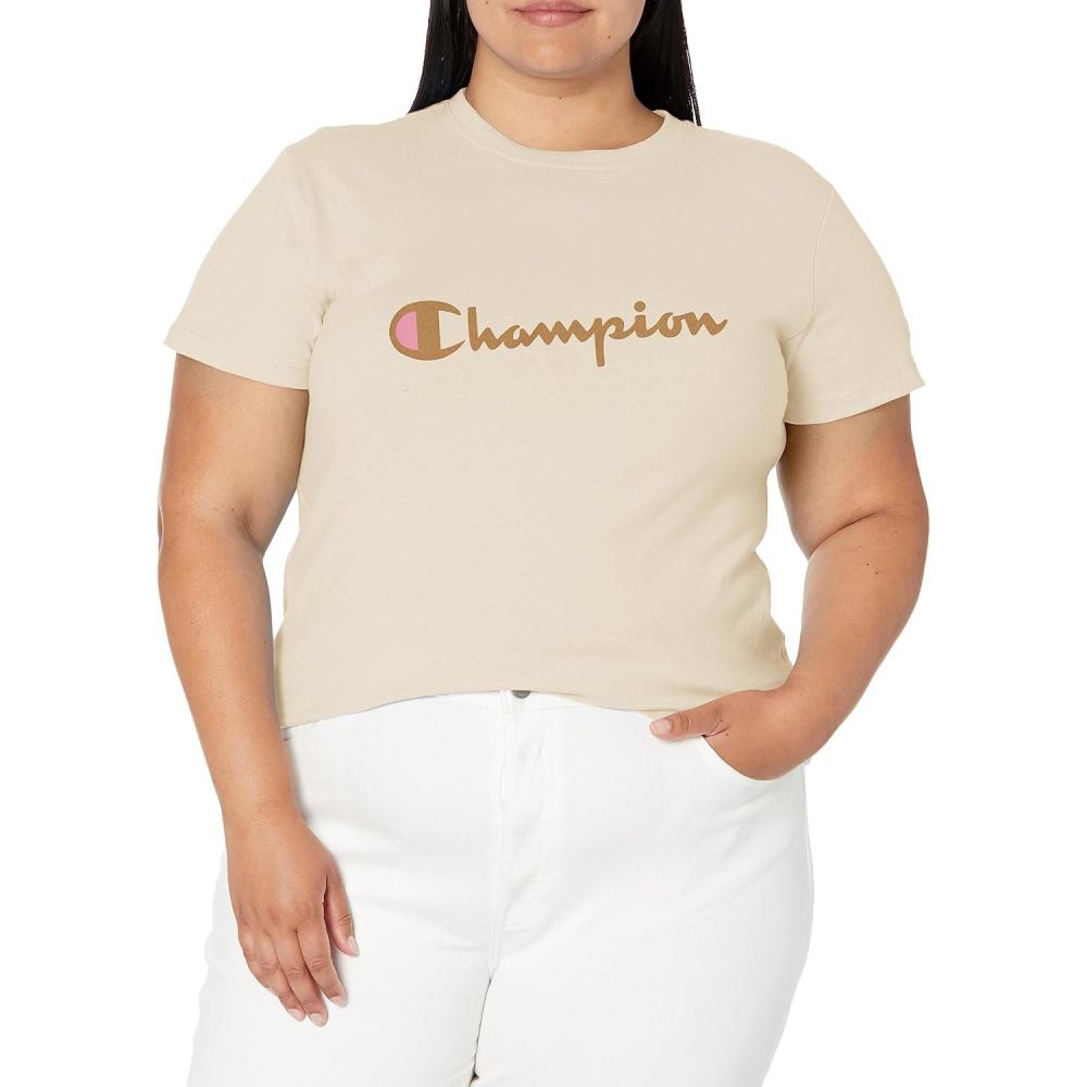 imageChampion Womens Classic Short Sleeve Graphic TShirt Standard Fit Script LogoFresh Skin Tan Script
