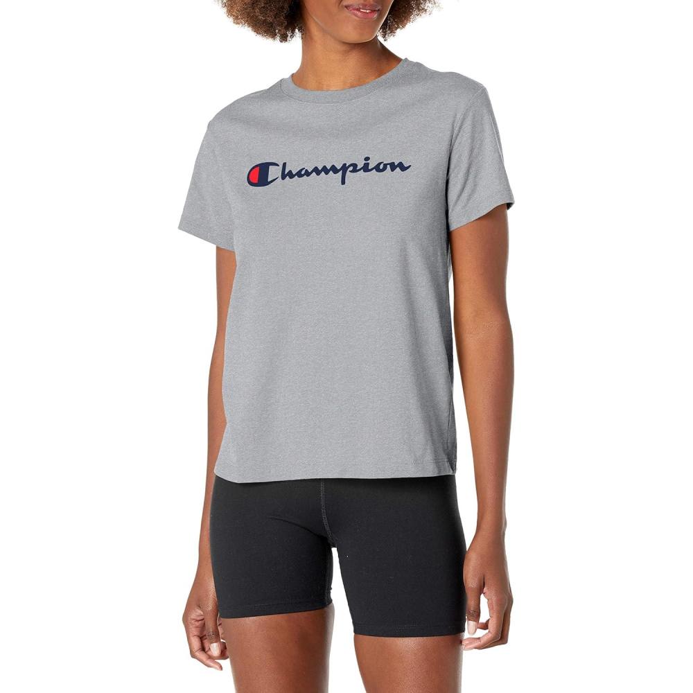 imageChampion Womens Classic Short Sleeve Graphic TShirt Standard Fit Script LogoOxford Gray  Classic Script Logo