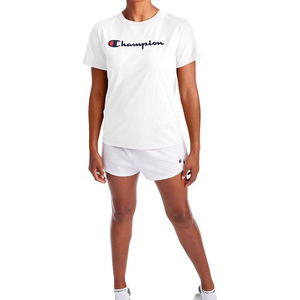 imageChampion Womens Classic Short Sleeve Graphic TShirt Standard Fit Script LogoWhite Script Retired