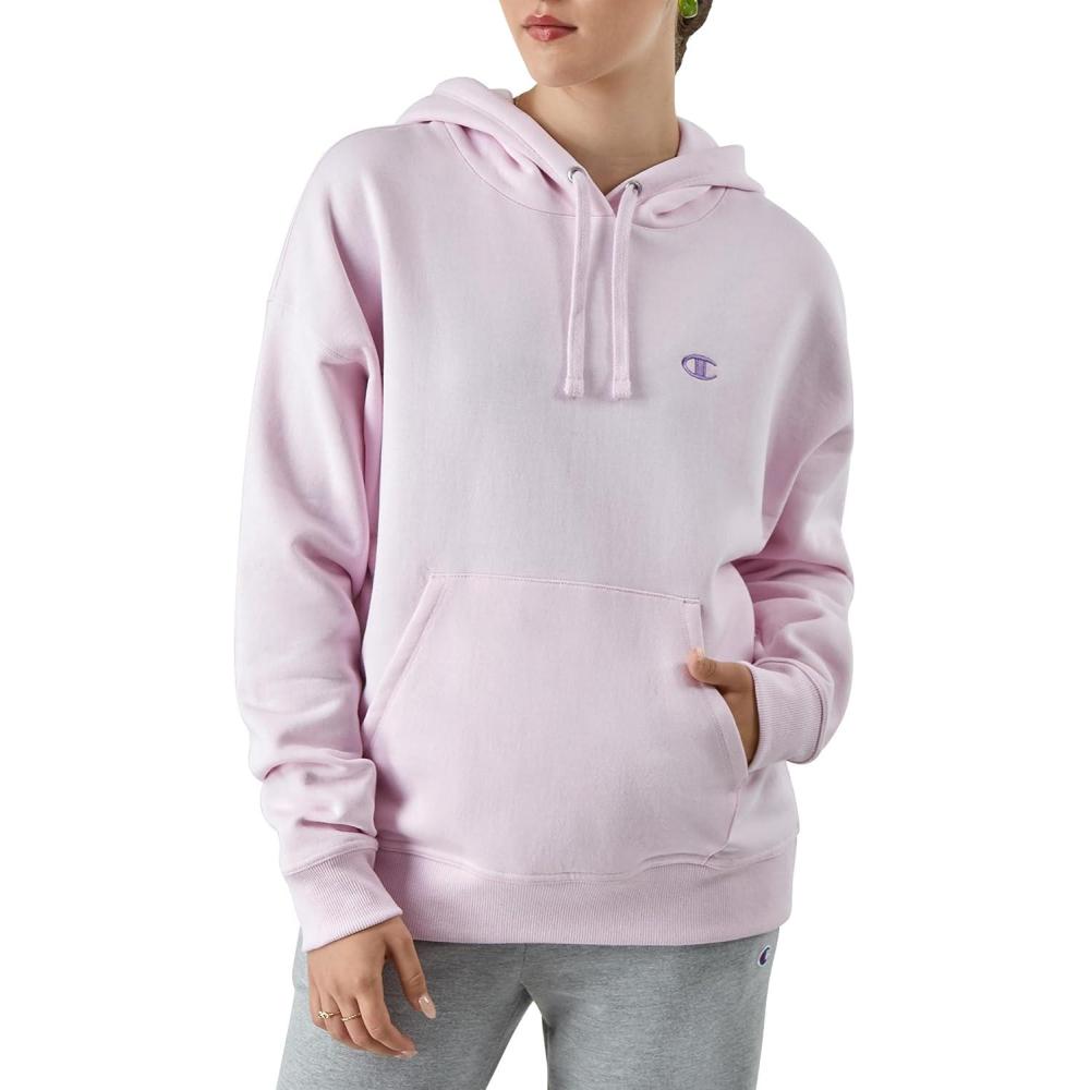 imageChampion Womens Pullover Fleece Hoodie Loose Fit Midweight Script LogoChantilly Pink C Logo