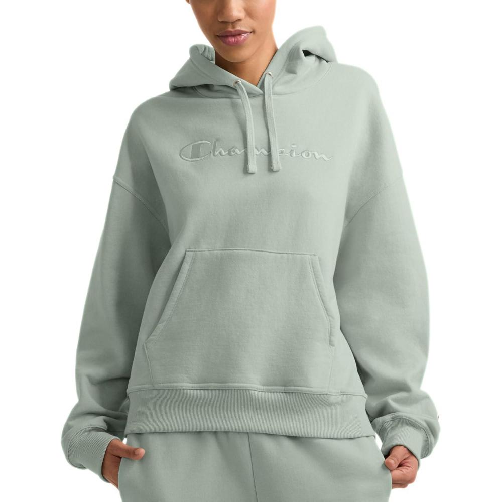 imageChampion Womens Pullover Fleece Hoodie Loose Fit Midweight Script LogoClever Sage  Embroidered Script Logo