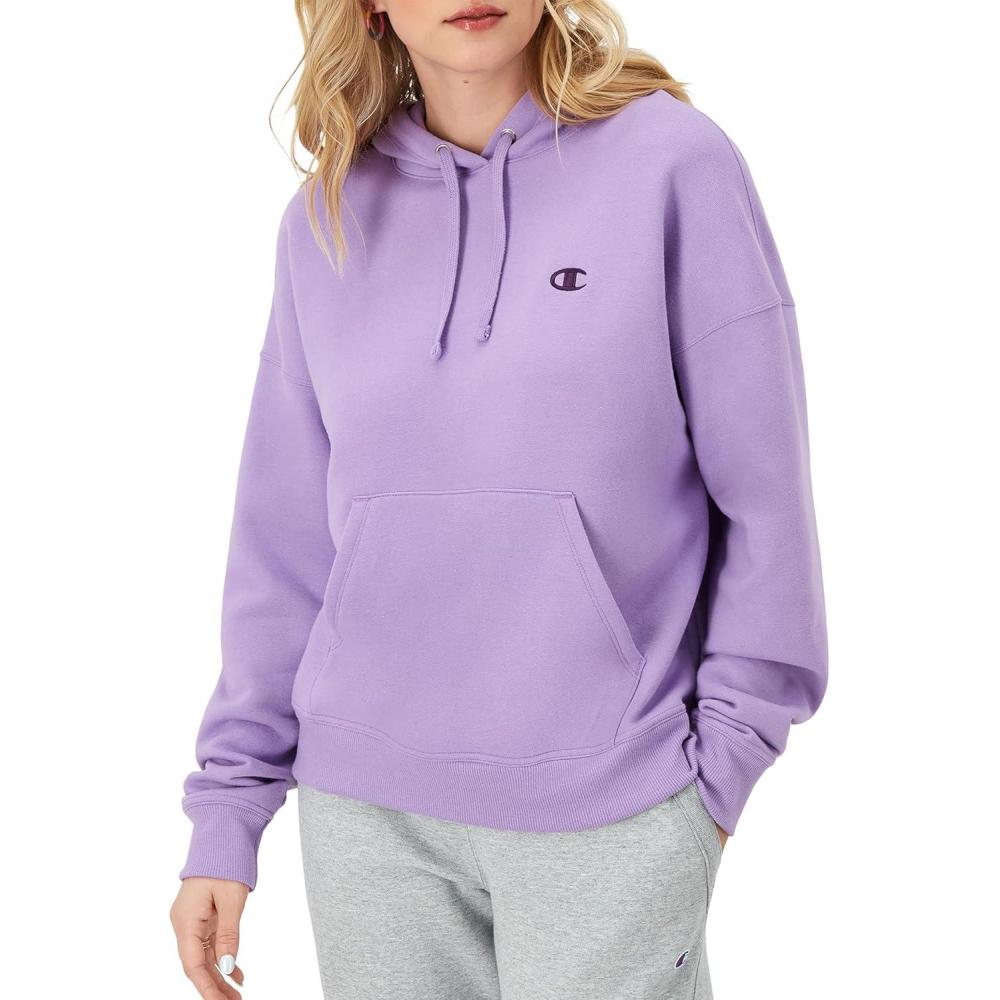 imageChampion Womens Pullover Fleece Hoodie Loose Fit Midweight Script LogoLavish Lavender C Logo