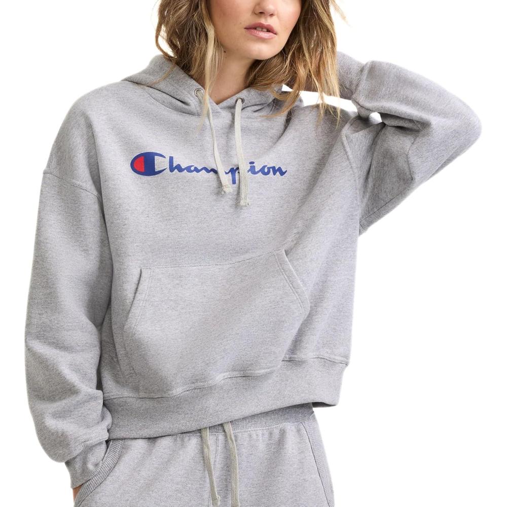imageChampion Womens Pullover Fleece Hoodie Loose Fit Midweight Script LogoOxford Gray  Classic Script Logo