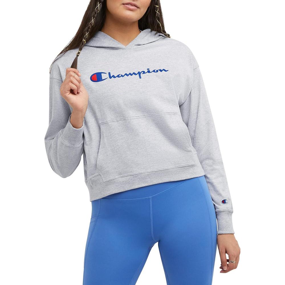 imageChampion Womens Pullover Fleece Hoodie Loose Fit Midweight Script LogoOxford Gray Champion Script