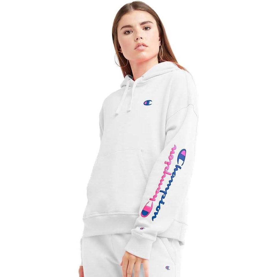 imageChampion Womens Pullover Fleece Hoodie Loose Fit Midweight Script LogoWhite Arm  Chest Script