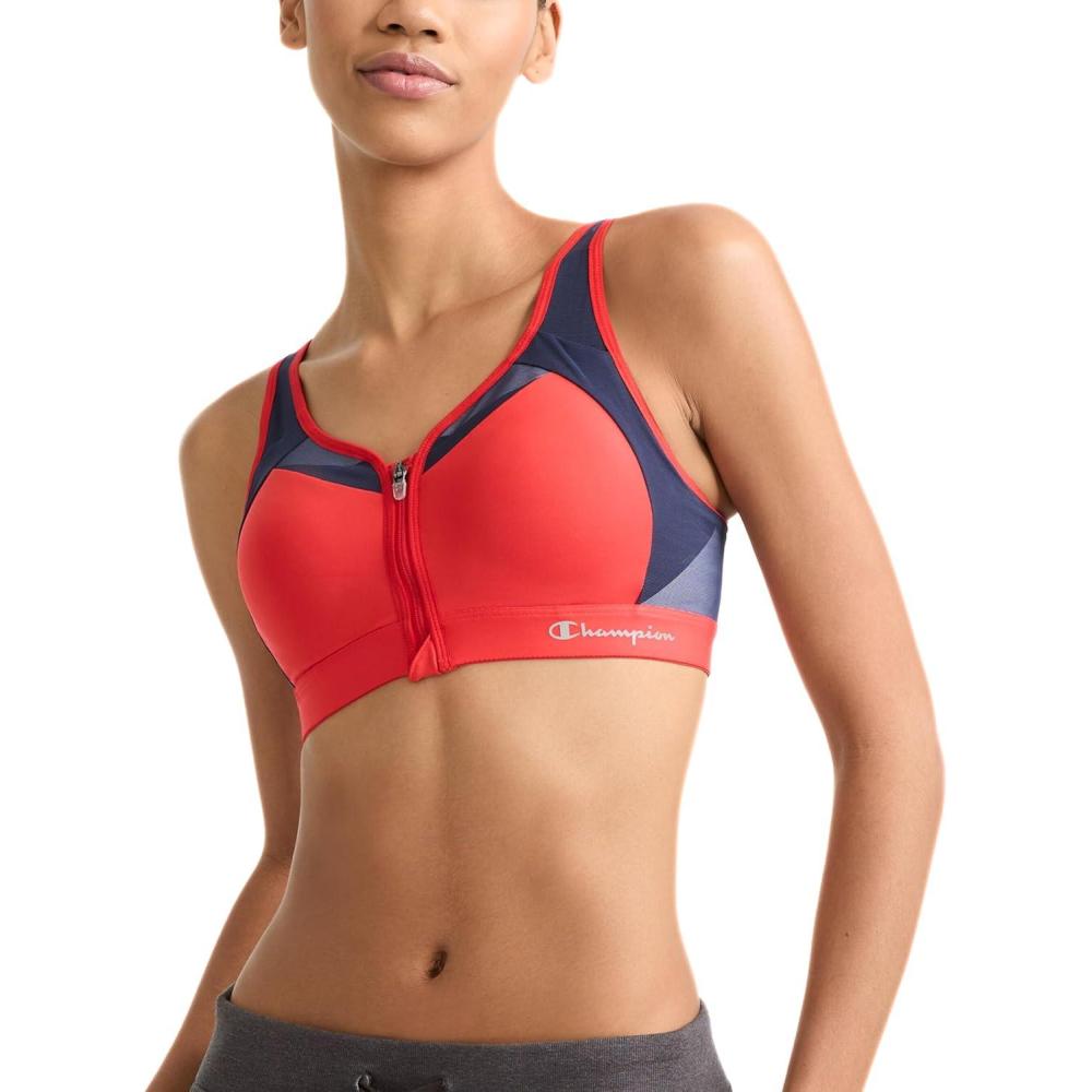 imageChampion Womens Sports Bra Motion Control Zip Highimpact Sports Bra Wirefree Bra for WomenRed Flame