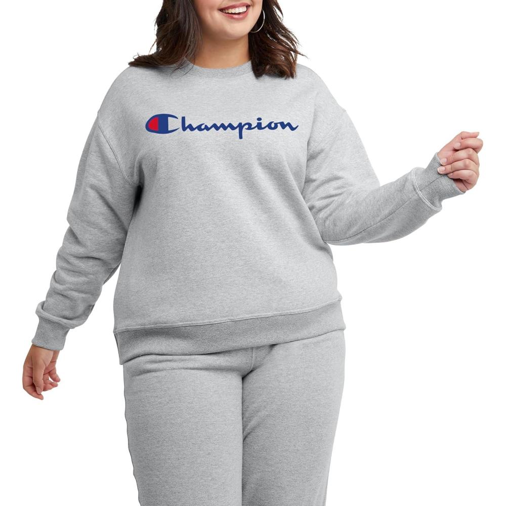 imageChampion Womens Sweatshirt Fleece Crewneck Sweatshirt Warm Sweatshirt for Women Plus Size AvailableOxford Gray Classic Script Logo