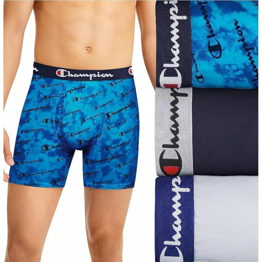 imageChampion mens Everyday Active Lightweight Stretch Variety Boxer Briefs  3 PackBlue Print With Champion LogoNavySilverstone  3 Pack