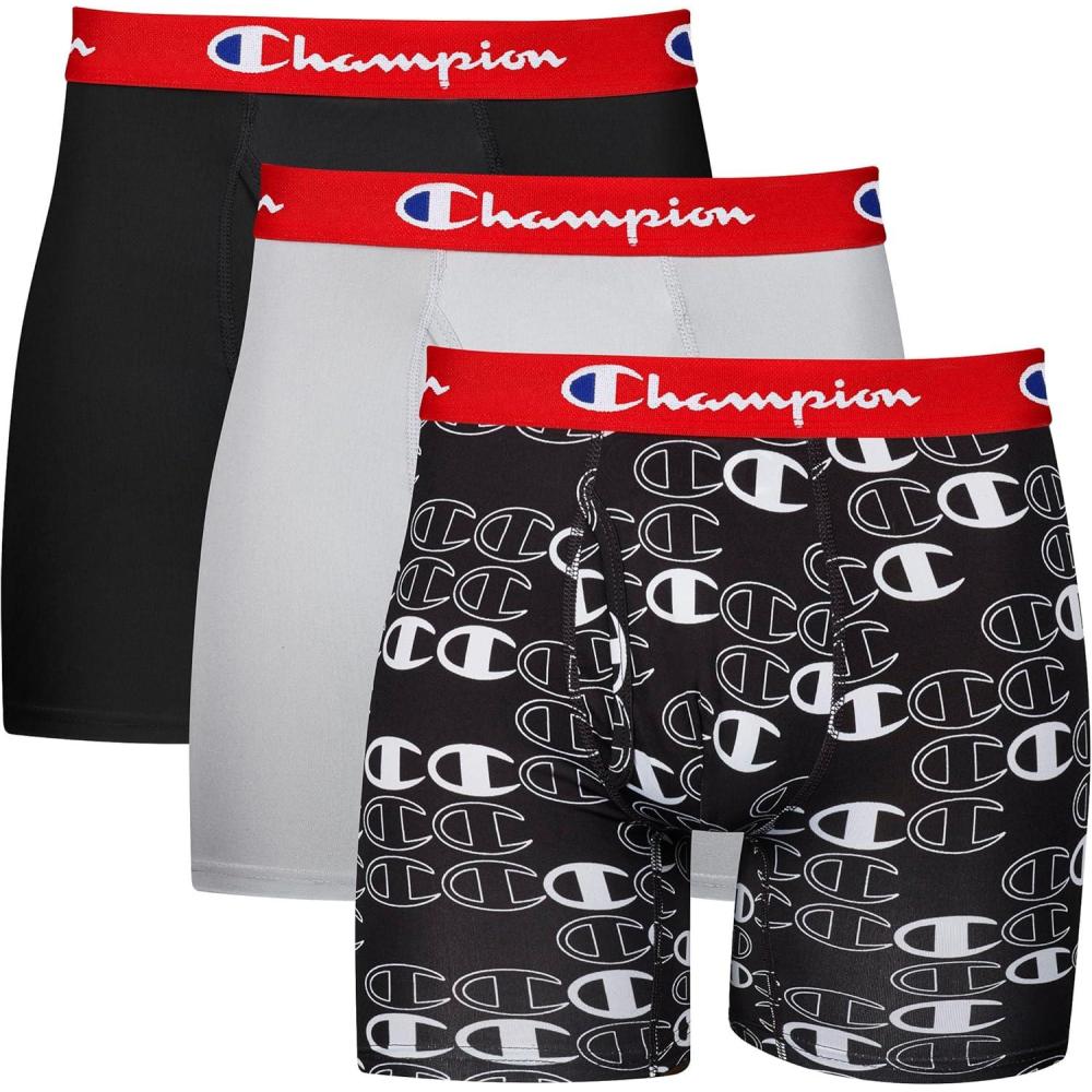 imageChampion mens Everyday Active Lightweight Stretch Variety Boxer Briefs  3 PackNew EbonyNew Ebony With C Logo Print Silverstone  3 Pack
