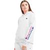 Champion Women’s Pullover Fleece Hoodie, Loose Fit, Midweight, Script Logo(White Arm & Chest Script)
