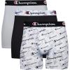 Champion mens Everyday Active Lightweight Stretch Variety Boxer Briefs – 3 Pack(Grey Print With Script Logo/New Ebony/Silverstone – 3 Pack)