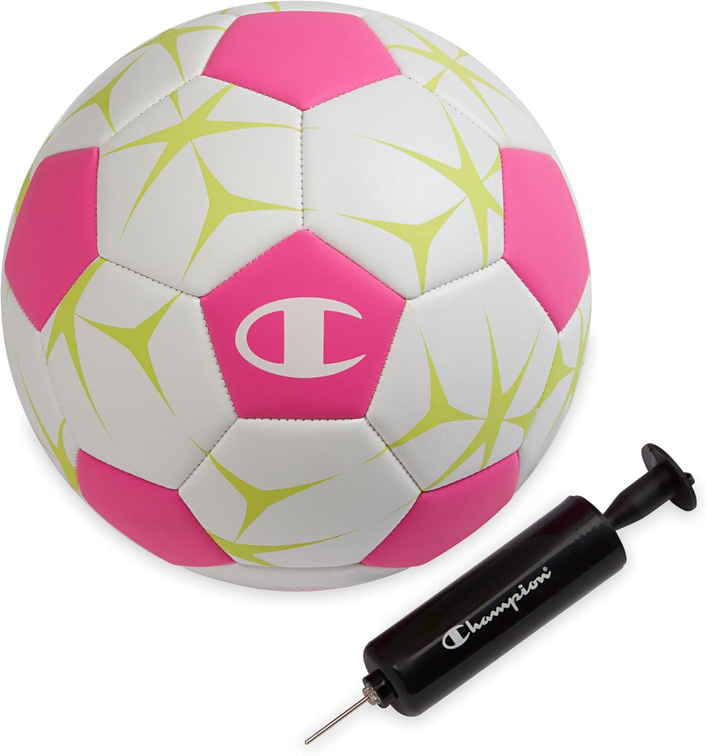 imageChampion Youth ampamp Adult Soccer Ball Paneled Design Enhanced Control Durable Cover ampamp Butyl Bladder for Indoor ampamp Outdoor Training Sizes 3 4 5 Includes 6quot PumpWhiteOptic PinkEvening Primrose
