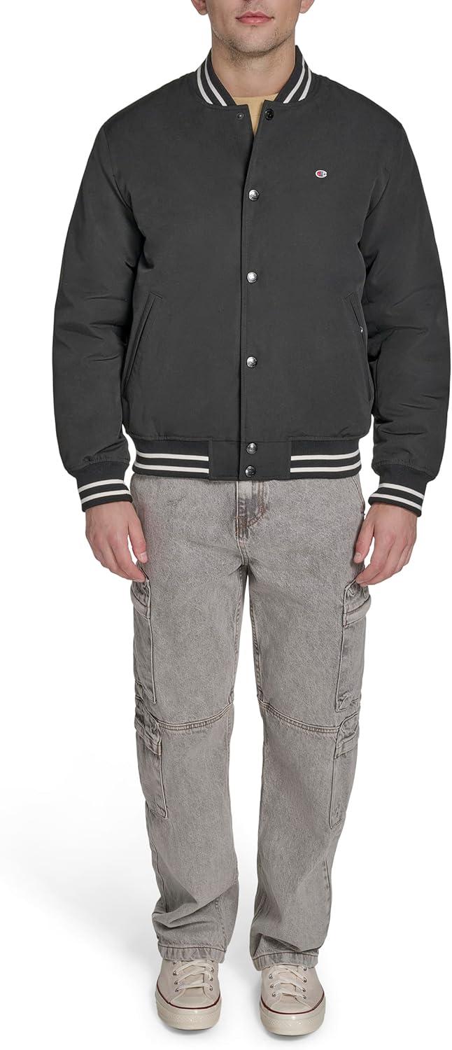 imageChampion mens Logo Stripedtrim Varsity JacketBlack Matte Filled